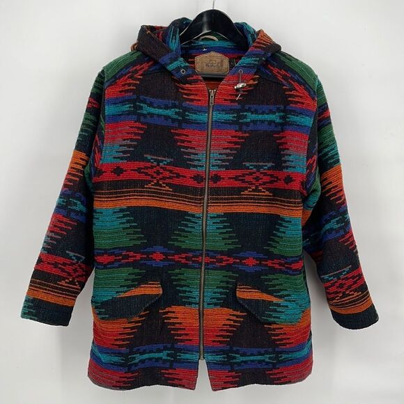 Woolrich Vtg.‎ 80s Blanket Jacket Hooded Native American Fire Print Wool size L - Picture 1 of 9